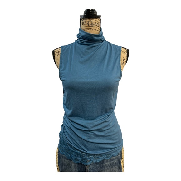 KENNETH COLE NY Vintage Teal sleeveless Turtleneck lace ruched knit top L - Picture 12 of 16